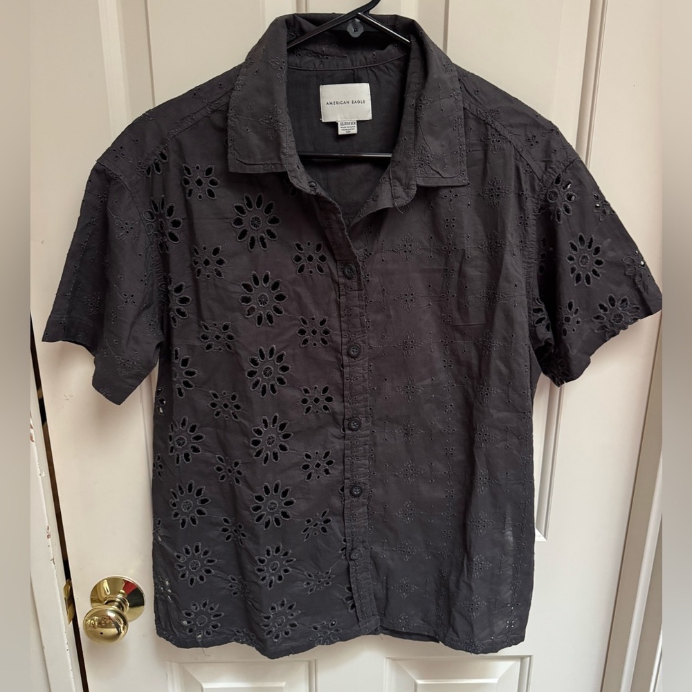 American Eagle Black Eyelet Button Down